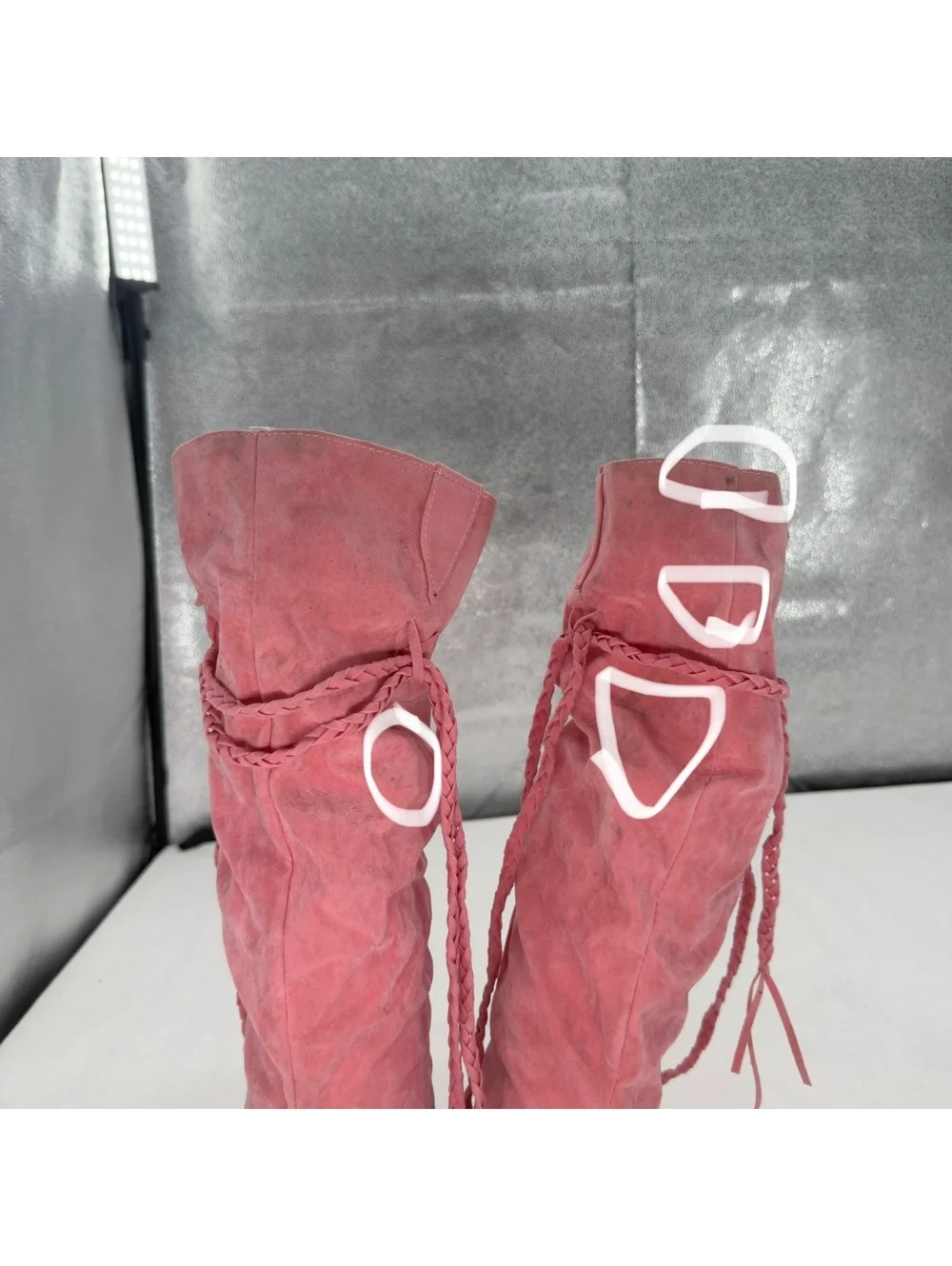 Pink Suede Slouchy Knee High Rubber Boots Y2K Braided Fringe Tassel Flat Boot